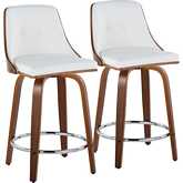 Gianna 24" Swivel Counter Stool in Walnut Wood & White Leatherette with Chrome Footrest (Set of 2)